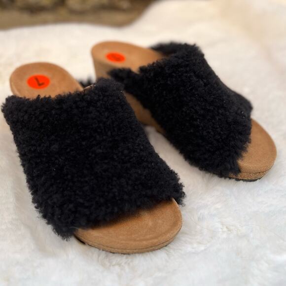 NEW Size 7 Papillio x Birkenstock Womens Namica Wedge Black Shearling Mule Shoe - Picture 2 of 10